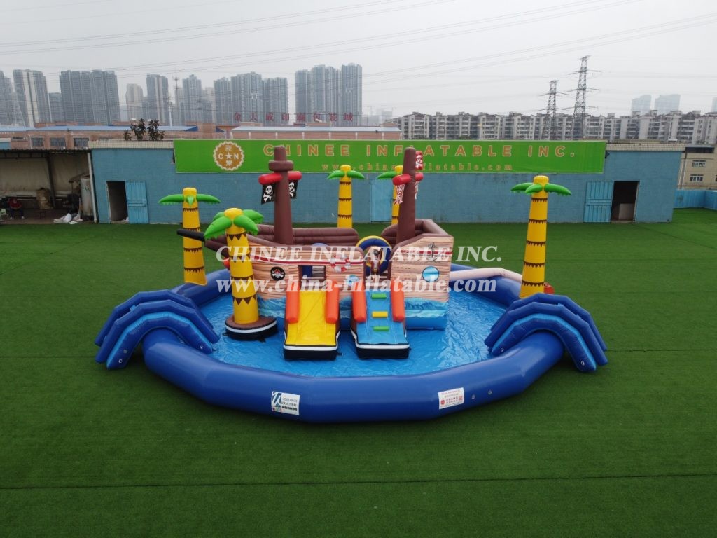 T6-607 Pirate Themed Mobile Water Park Inflatable Pool With Slides For Kids Party Events