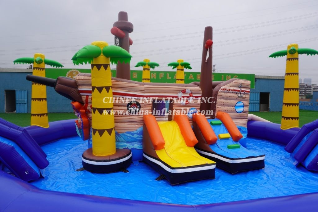 T6-607 Pirate Themed Mobile Water Park Inflatable Pool With Slides For Kids Party Events