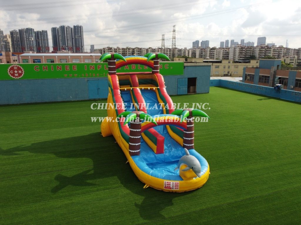 T8-1332 Dolphin Theme Inflatable Palm Tree Water Slide Kids Party Adults Inflatable Slide With Pool