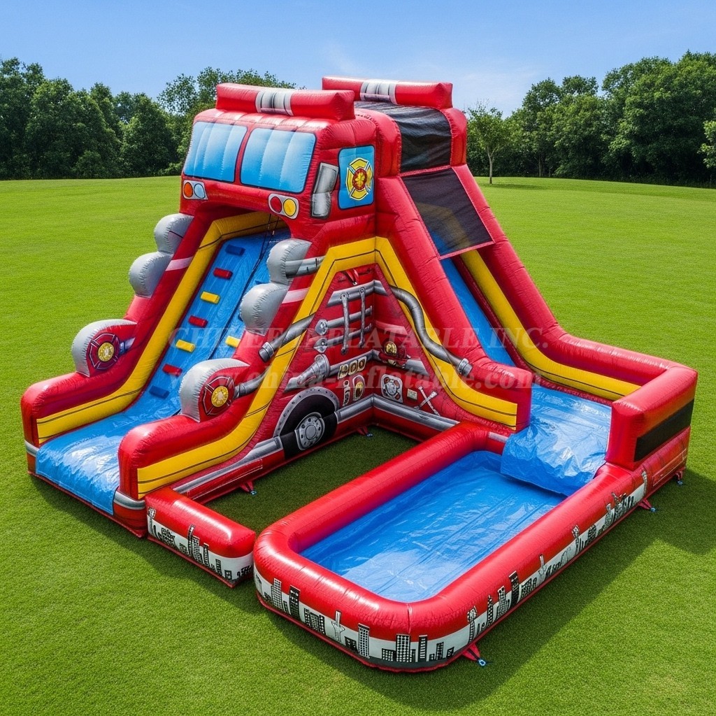 T8-5592 Firetruck Theme Inflatable Water Slide