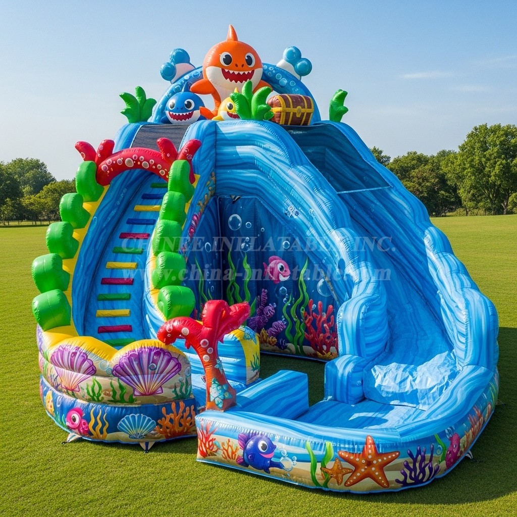 T8-9272 Baby Shark Theme Inflatable Water Slide