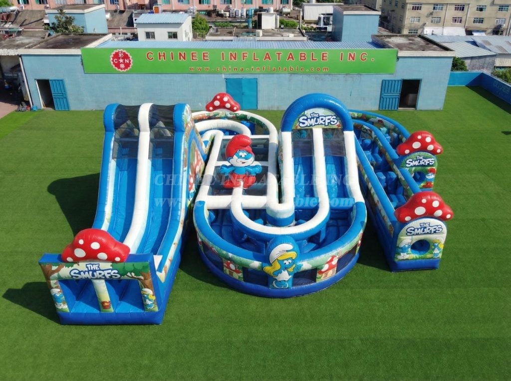 CR2-846 The Smurfs Theme Giant Inflatable Obstacle Courses Challenging Run