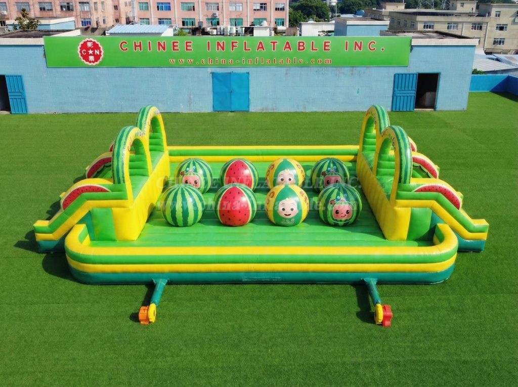 T11-4751B Cocomelon Theme Inflatable Dual Wipeout Big Balls Obstacle Course