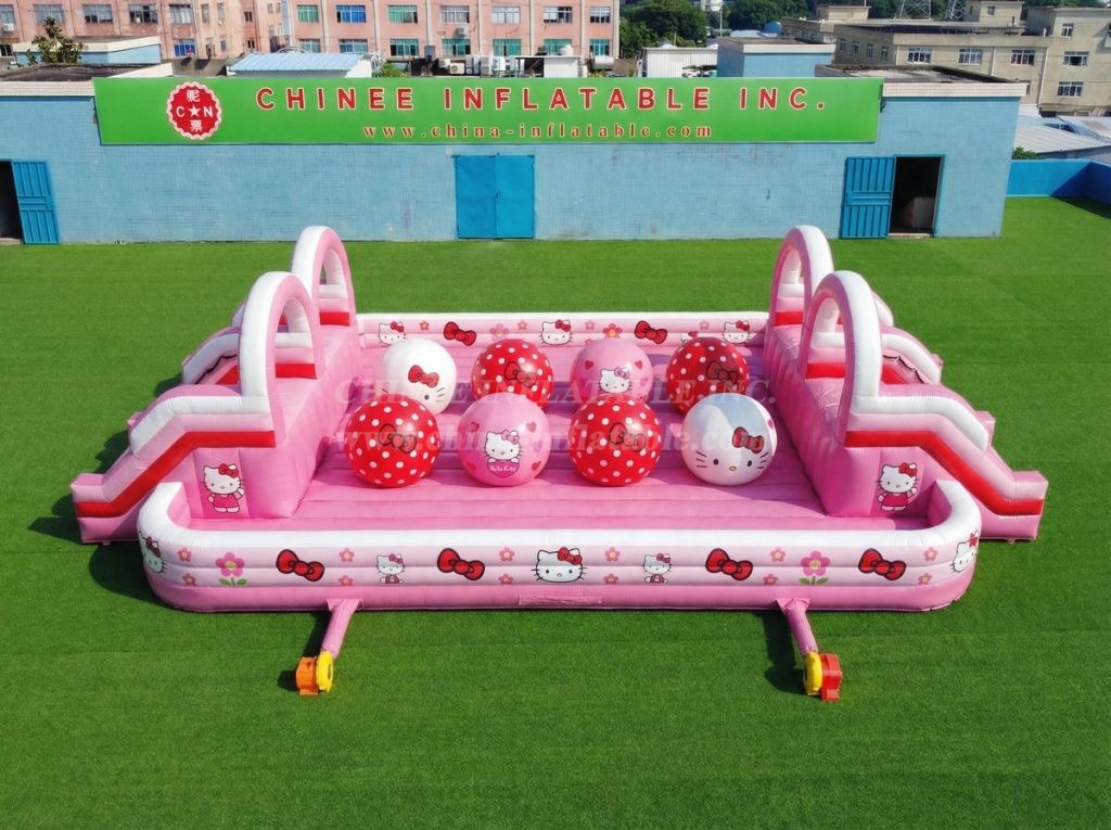 T11-4751G Hello Kitty Theme Inflatable Dual Wipeout Big Balls Obstacle Course