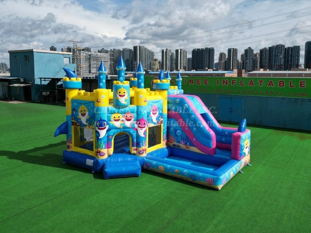 T2-8773 Baby Shark Theme Bouncy Castle with Slide & Pool
