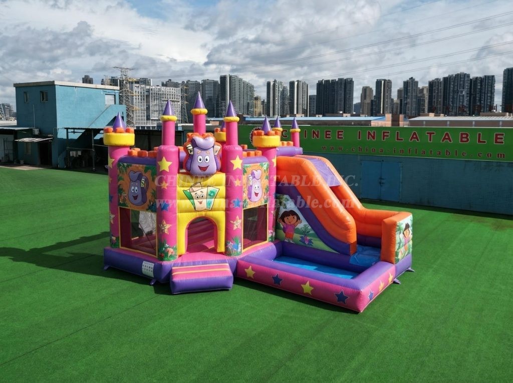 T2-8793 Dora Theme Bouncy Castle with Slide & Pool