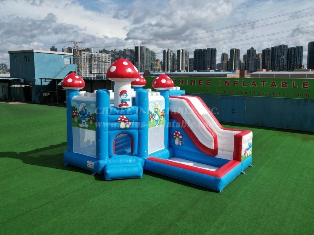 T2-8848 The Smurfs Theme Bouncy Castle with Slide & Pool